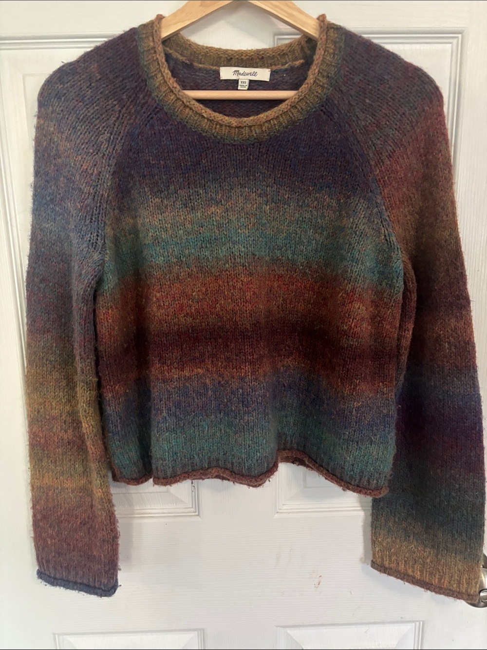 Madewell Multicolor Ombre Crewneck Sweater in Teal, Rust, Olive, & Plum.
